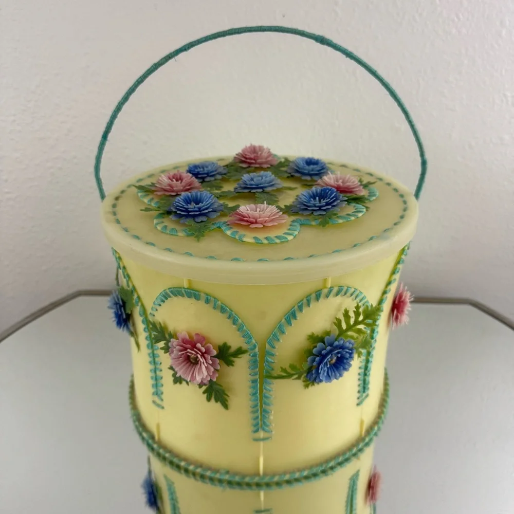 Vintage 70s Handmade Yellow Folk Art Kitschy Floral Ice Cream Bucket Container